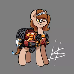 Size: 1280x1280 | Tagged: safe, artist:pencilbrony, derpibooru import, oc, oc:brownie bun, unofficial characters only, earth pony, pony, horse wife, armor, engine, female, fire, firebat, flame decal, gray background, mare, rocket, signature, simple background, smiling, solo, some mares just want to watch the world burn, starcraft, terran, this will end in fire
