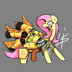 Size: 1280x1280 | Tagged: safe, artist:pencilbrony, derpibooru import, fluttershy, pony, armor, engine, implied angel bunny, rocket, solo, tongue out