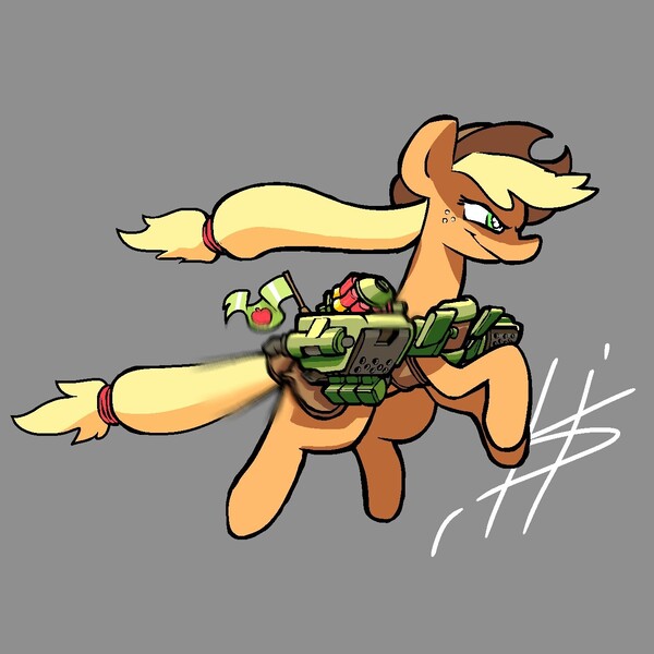 Size: 1280x1280 | Tagged: safe, artist:pencilbrony, derpibooru import, applejack, pony, armor, engine, rocket, solo