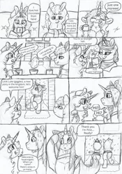 Size: 1157x1656 | Tagged: safe, artist:69beas, derpibooru import, oc, oc:jessie feuer, oc:khal, oc:luke pineswood, alicorn, pegasus, pony, unicorn, comic:jessie loves to break rules, alicorn oc, chocolate, comic, cute, fluffy, food, horn, hot chocolate, magic, monochrome, snow, tongue out, wings