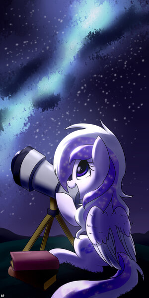 Size: 1024x2048 | Tagged: safe, artist:richard-skip, derpibooru import, oc, oc:starstorm slumber, unofficial characters only, pegasus, pony, book, female, happy, night, sitting, smiling, solo, stars, telescope