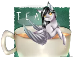 Size: 1453x1080 | Tagged: safe, artist:xkittyblue, derpibooru import, oc, unofficial characters only, pegasus, pony, commission, cup, female, food, looking at you, mare, pony in a cup, simple background, smiling, solo, tea, teacup, transparent background, ych result