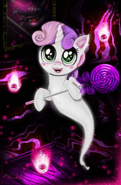 Size: 3360x5120 | Tagged: artist:darksly, candy, cute, derpibooru import, diasweetes, female, filly, food, ghost, halloween, holiday, horn, lollipop, open mouth, safe, solo, sweetie belle, undead