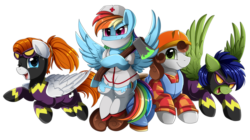 Size: 2915x1640 | Tagged: safe, artist:pridark, derpibooru import, rainbow dash, oc, oc:dreamer, oc:glyde, oc:sky chase, earth pony, pegasus, pony, axe, bob the builder, brother and sister, canon x oc, clothes, commission, construction pony, costume, female, goggles, halloween, holiday, male, nightmare night, nurse, one eye closed, open mouth, rainmer, shadowbolts costume, shipping, siblings, simple background, straight, transparent background, weapon, wink