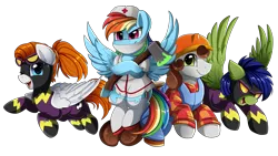Size: 2915x1640 | Tagged: safe, artist:pridark, derpibooru import, rainbow dash, oc, oc:dreamer, oc:glyde, oc:sky chase, earth pony, pegasus, pony, axe, bob the builder, brother and sister, canon x oc, clothes, commission, construction pony, costume, female, goggles, halloween, holiday, male, nightmare night, nurse, one eye closed, open mouth, rainmer, shadowbolts costume, shipping, siblings, simple background, straight, transparent background, weapon, wink