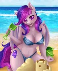Size: 2200x2700 | Tagged: suggestive, artist:kushna, derpibooru import, oc, oc:night hex, unofficial characters only, anthro, bat pony, anthro oc, bat pony oc, bat wings, beach, bikini, breasts, cleavage, clothes, commission, cute, cute little fangs, digital art, ear fluff, erect nipples, eyeshadow, fangs, female, happy, high res, makeup, mare, nipple outline, ocean, open mouth, sand, sand castle, solo, swimsuit, water, wings, ych result