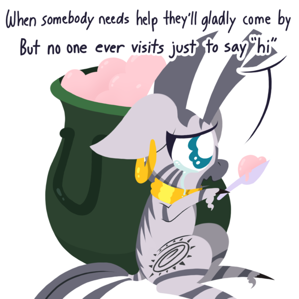 Size: 1000x1000 | Tagged: artist:dragonpone, cauldron, comfort eating, comic, crying, cute, cutie mark, derpibooru import, dialogue, ear piercing, earring, eating, female, floppy ears, food, hoof hold, ice cream, jewelry, lineless, mare, molt down, neck rings, open mouth, piercing, quadrupedal, sad, sadorable, safe, simple background, sitting, solo, spoon, transparent background, unshorn fetlocks, wavy mouth, zebra, zecora, zecorable