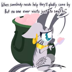 Size: 1000x1000 | Tagged: artist:dragonpone, cauldron, comfort eating, comic, crying, cute, cutie mark, derpibooru import, dialogue, ear piercing, earring, eating, female, floppy ears, food, hoof hold, ice cream, jewelry, lineless, mare, molt down, neck rings, open mouth, piercing, quadrupedal, sad, sadorable, safe, simple background, sitting, solo, spoon, transparent background, unshorn fetlocks, wavy mouth, zebra, zecora, zecorable