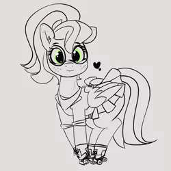 Size: 2799x2799 | Tagged: safe, artist:pabbley, derpibooru import, oc, oc:fenderella bass, unofficial characters only, pegasus, pony, apron, clothes, cute, ears, female, freckles, glasses, green eyes, mare, monochrome, pleated skirt, ponytail, roller skates, rollerblades, sketch, skirt, skirt lift, solo, uniform