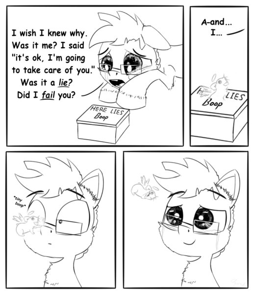 Size: 1280x1484 | Tagged: safe, artist:chopsticks, derpibooru import, oc, oc:tjpones, unofficial characters only, hamster, pony, angel, boop, cheek fluff, comic, crying, dead, dialogue, ear fluff, glasses, goodbye, hoof fluff, loss, male, monochrome, pet, sad, text, waving