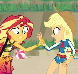 Size: 1140x1079 | Tagged: safe, derpibooru import, screencap, applejack, sunset shimmer, equestria girls, equestria girls series, forgotten friendship, belly button, clothes, cropped, geode of empathy, geode of super strength, magical geodes, midriff, summer sunset, swimsuit