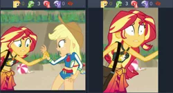 Size: 1326x714 | Tagged: safe, derpibooru import, screencap, applejack, sunset shimmer, derpibooru, equestria girls, equestria girls series, forgotten friendship, belly button, clothes, cropped, geode of empathy, geode of super strength, juxtaposition, magical geodes, meta, midriff, summer sunset, swimsuit