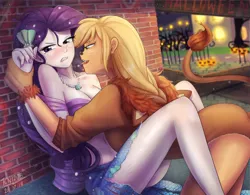 Size: 1430x1115 | Tagged: semi-grimdark, suggestive, artist:tcn1205, derpibooru import, applejack, rarity, human, mermaid, equestria girls, animal costume, appledom, applelion, bare shoulders, barrette, bedroom eyes, belly button, bite mark, blushing, breasts, cleavage, clothes, costume, drool, drool string, ear piercing, earring, eyeshadow, fangs, female, females only, femdom, forced, frown, grin, hairclip, hairpin, halloween, halloween costume, held down, holiday, humanized, jack-o-lantern, jewelry, kiss mark, legs, lesbian, lipstick, looking away, makeup, mermarity, messy hair, midriff, nail polish, necklace, night, nightmare night, nightmare night costume, open mouth, pearl necklace, piercing, pony coloring, pumpkin, raised tail, rarijack, scratches, shipping, sitting, smiling, tail, tongue out, torn clothes