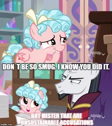 Size: 500x562 | Tagged: safe, derpibooru import, edit, edited screencap, screencap, chancellor neighsay, cozy glow, pegasus, pony, school raze, biting, caption, engrish, female, filly, grammar error, hoof biting, image macro, meme, text