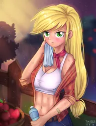 Size: 1300x1700 | Tagged: abs, adorasexy, apple, applejack, artist:tcn1205, bandaid, basket, belly button, belt, bra, breasts, bushel basket, busty applejack, clothes, cute, derpibooru import, female, fence, food, freckles, hair tie, human, humanized, jeans, looking at you, midriff, missing accessory, neckerchief, off shoulder, pants, plaid shirt, rolled up sleeves, safe, sexy, shirt, solo, standing, sunset, sweat, tanktop, tree, underwear, undressing, water bottle
