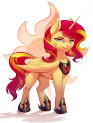 Size: 2000x2642 | Tagged: safe, artist:evehly, derpibooru import, sunset shimmer, alicorn, pony, alicornified, commission, cutie mark background, female, hoof shoes, jewelry, mare, peytral, race swap, regalia, shimmercorn, simple background, solo, white background