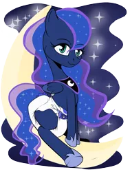 Size: 1515x2000 | Tagged: suggestive, artist:paddedulf, derpibooru import, princess luna, alicorn, pony, crescent moon, diaper, diaper fetish, ethereal mane, female, fetish, hoof shoes, missing horn, moon, poofy diaper, simple background, solo, starry mane, tangible heavenly object, transparent background, transparent moon