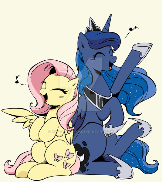 Size: 600x674 | Tagged: safe, artist:yukandasama, derpibooru import, fluttershy, princess luna, alicorn, pegasus, pony, back to back, cute, deviantart watermark, duo, duo female, eyes closed, female, folded wings, lunabetes, mare, music notes, obtrusive watermark, open mouth, shyabetes, simple background, singing, sitting, spread wings, watermark, white background, wings