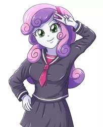 Size: 1024x1257 | Tagged: safe, artist:sumin6301, derpibooru import, sweetie belle, equestria girls, clothes, female, looking at you, peace sign, sailor uniform, school uniform, simple background, skirt, smiling, solo, uniform, white background