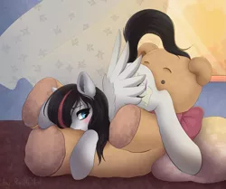 Size: 1111x929 | Tagged: suggestive, artist:rexiwiksi, derpibooru import, oc, oc:whisper quill, unofficial characters only, pegasus, pony, blushing, commission, female, mare, signature, solo, teddy bear, ych result