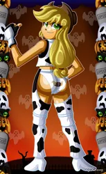 Size: 800x1309 | Tagged: suggestive, artist:xjkenny, derpibooru import, applejack, equestria girls, applebutt, assless chaps, beautiful, butt, clothes, cowboy hat, cowgirl, cowprint, cute, female, fingerless gloves, gloves, halloween, hat, holiday, jackabetes, looking back, panties, solo, solo female, stetson, underwear, white underwear