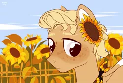 Size: 1452x973 | Tagged: safe, artist:lothard juliet, derpibooru import, oc, unofficial characters only, earth pony, pony, bust, fence, flower, flower in hair, male, neckerchief, portrait, solo, stallion, sunflower