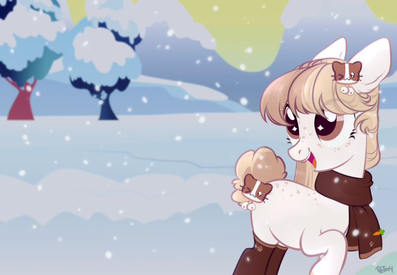 Size: 1445x1000 | Tagged: safe, artist:lothard juliet, derpibooru import, oc, unofficial characters only, earth pony, pony, clothes, female, mare, open mouth, scarf, snow, socks, solo, wingding eyes, winter