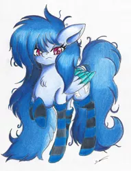 Size: 1613x2109 | Tagged: safe, artist:luxiwind, derpibooru import, oc, oc:blur breeze, pegasus, pony, clothes, female, mare, socks, solo, striped socks, traditional art