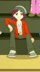Size: 217x388 | Tagged: safe, derpibooru import, screencap, normal norman, paisley, eqg summertime shorts, equestria girls, steps of pep, background human, clothes, cropped, male, offscreen character, pants, shoes, sitting, smiling, sneakers, solo