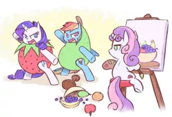 Size: 1253x857 | Tagged: safe, artist:raridashdoodles, derpibooru import, rainbow dash, rarity, sweetie belle, pegasus, pony, unicorn, bipedal, clothes, costume, female, filly, food, food costume, fruit, fruit bowl, lesbian, mare, open mouth, painting, pear, raridash, shipping, strawberry, underhoof