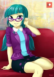 Size: 707x1000 | Tagged: safe, artist:uotapo, derpibooru import, juniper montage, equestria girls, movie magic, spoiler:eqg specials, blushing, clothes, female, glasses, looking at you, patreon, patreon logo, pigtails, shirt, skirt, smiling, solo, thighs