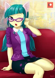 Size: 707x1000 | Tagged: safe, artist:uotapo, derpibooru import, juniper montage, equestria girls, movie magic, spoiler:eqg specials, blushing, cat ears, clothes, cute, female, glasses, junibetes, one eye closed, patreon, patreon logo, pigtails, skirt, solo, wink