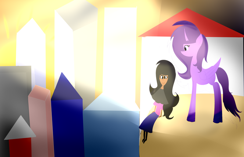 Size: 2700x1744 | Tagged: artist:wonderschwifty, derpibooru import, hill, houses, human, lineless, minimalist, modern art, oc, oc:wonder sparkle, safe, sunrise