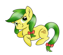 Size: 1600x1400 | Tagged: safe, artist:rainbowtashie, derpibooru import, apple fritter, earth pony, pony, apple family member, background pony, bow, female, hair bow, mare, simple background, smiling, solo, tail bow, transparent background