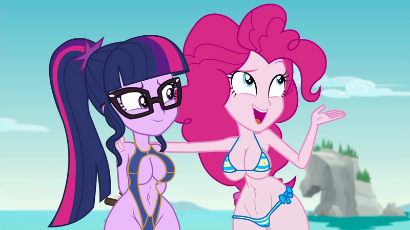 Size: 1920x1080 | Tagged: questionable, artist:fishsandwich, derpibooru import, edit, edited screencap, screencap, pinkie pie, sci-twi, twilight sparkle, equestria girls, equestria girls series, friendship math, absolute cleavage, arm behind back, beach, belly button, big breasts, bikini, bikini bottom, bikini top, breast edit, breasts, busty pinkie pie, busty sci-twi, cameltoe, cleavage, clothes, commissioner:imperfectxiii, curvy, erect nipples, female, females only, glasses, hair tie, hand on shoulder, hips, image, looking at something, nipple outline, open mouth, png, ponytail, raised eyebrow, smiling, standing, string bikini, swimsuit, swimsuit edit, thick, thighs, thong swimsuit, underboob, wide hips