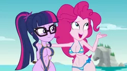 Size: 1920x1080 | Tagged: safe, artist:fishsandwich, pinkie pie, sci-twi, twilight sparkle, equestria girls, equestria girls series, friendship math, arm behind back, beach, belly button, big breasts, bikini, bikini bottom, bikini top, breast edit, breasts, burping contest, busty pinkie pie, busty sci-twi, clothes, curvy, erect nipples, farting contest, female, females only, glasses, hair tie, hand on shoulder, hips, image, looking at something, nipple outline, nudity, open mouth, png, ponytail, smiling, standing, string bikini, swimsuit, swimsuit edit, thick, thighs, thong swimsuit, underboob, wide hips