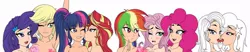 Size: 1000x206 | Tagged: suggestive, artist:katanis, derpibooru import, applejack, fluttershy, pinkie pie, rainbow dash, rarity, sci-twi, starlight glimmer, sunset shimmer, trixie, twilight sparkle, bat pony, equestria girls, adorasexy, arm behind head, armpits, bedroom eyes, big breasts, blushing, breast envy, breast grab, breast squish, breasts, busty applejack, busty fluttershy, clothes, cute, cute little fangs, delicious flat chest, eyelashes, eyeshadow, fangs, female, females only, flutterbat, flutterdash, flutterpie, french kiss, grin, grope, hairclip, human coloration, humane five, humane seven, humane six, implied nudity, kiss on the cheek, kissing, lesbian, looking at you, makeup, missing accessory, nudity, one eye closed, open mouth, panties, ponytail, preview, race swap, raised arm, rarijack, scitwishimmer, sexy, shipping, sloppy kissing, smiling, standing, startrix, stretching, sunsetsparkle, teary eyes, tongue play, underwear, wip