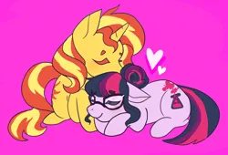 Size: 1024x696 | Tagged: safe, artist:luruar, derpibooru import, sci-twi, sunset shimmer, twilight sparkle, ponified, pony, equestria girls, alternate cutie mark, cuddling, cute, earth pony sci-twi, earth pony twilight, equestria girls ponified, eyes closed, female, happy, heart, lesbian, scitwishimmer, shimmerbetes, shipping, simple background, sleeping, snuggling, sunsetsparkle, twiabetes