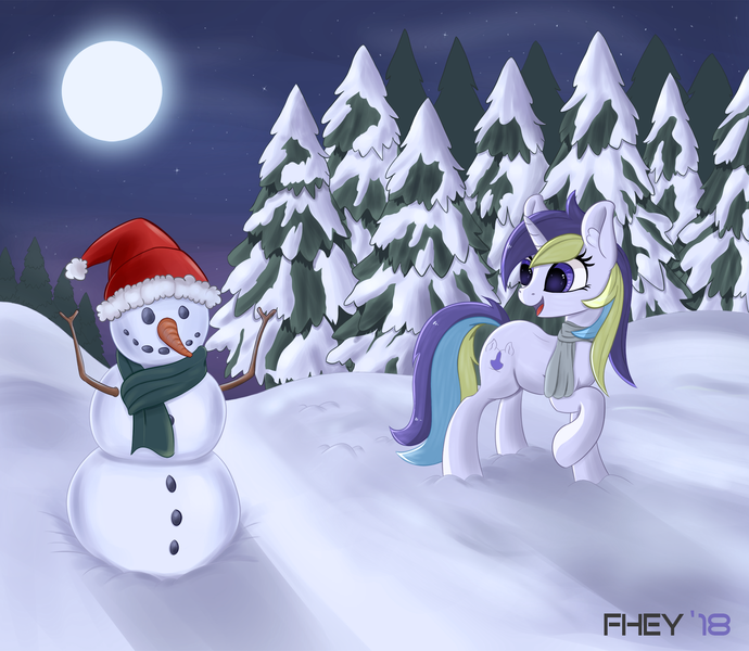 Size: 1920x1669 | Tagged: safe, artist:chrisfhey, derpibooru import, oc, oc:condonie, unofficial characters only, pony, unicorn, clothes, evening, female, happy, hat, mare, moon, one hoof raised, open mouth, scarf, signature, snow, snowman, solo, tree, winter