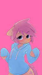 Size: 1665x2960 | Tagged: suggestive, artist:apony, derpibooru import, edit, fluttershy, semi-anthro, blushing, butterscotch, clothes, hoodie, rule 63, smiling, solo, sweater