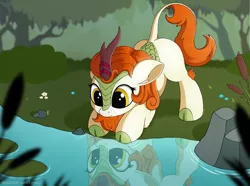 Size: 3000x2230 | Tagged: artist:anti1mozg, artist:negasun, autumn blaze, awwtumn blaze, cloven hooves, collaboration, colored hooves, cute, derpibooru import, ear fluff, female, floppy ears, grass, kirin, leg fluff, lilypad, looking down, nature, pond, reflection, safe, scenery, smiling, solo, sounds of silence, water