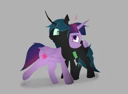 Size: 3033x2241 | Tagged: safe, artist:groomlake, derpibooru import, queen chrysalis, twilight sparkle, twilight sparkle (alicorn), alicorn, changeling, changeling queen, colored, female, hug, lesbian, love, shipping, simple, simple background, snuggling, tongue out, twisalis