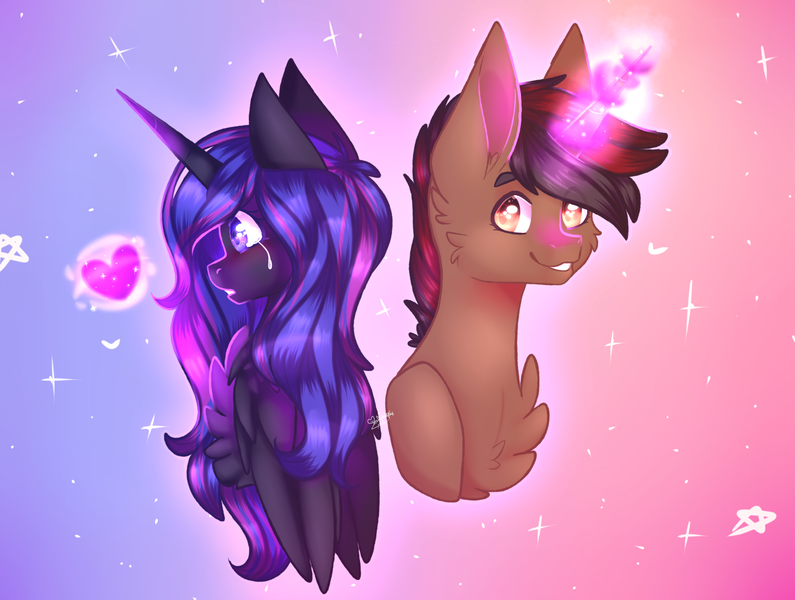 Size: 2201x1662 | Tagged: safe, artist:honeybbear, derpibooru import, oc, oc:brayden, oc:vanessa, unofficial characters only, alicorn, pony, unicorn, chest fluff, female, heart, mare