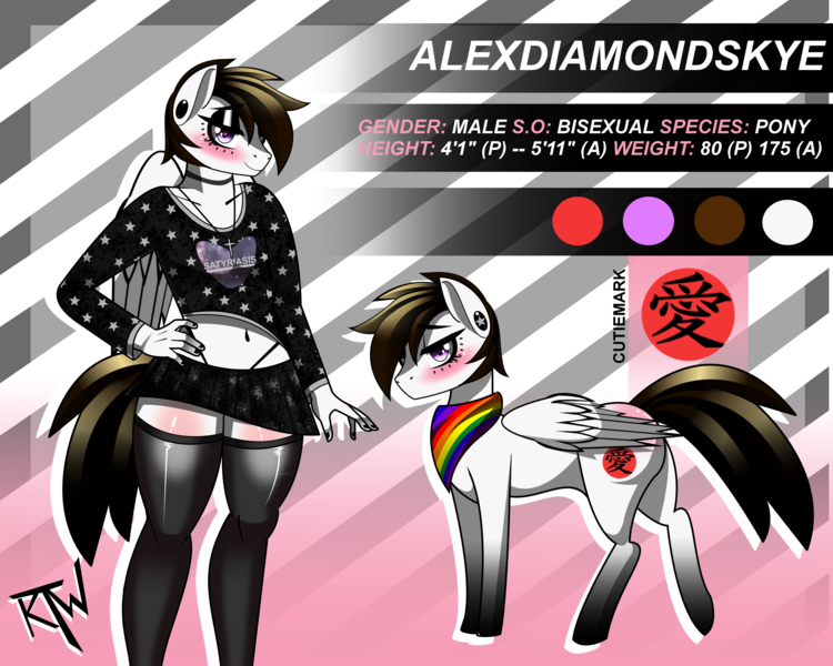 Size: 5000x4000 | Tagged: anthro, anthro oc, artist:alexdiamondskye, brown tail, clothes, crossdressing, cutie mark, derpibooru import, femboy, fursona, gay, japanese, long mane, male, oc, oc:alexdiamondskye, pantyhose, pegasus, reference sheet, short shirt, sissy, sockies, socks, stallion, stockings, suggestive, thigh highs, wings