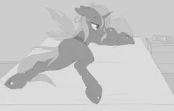 Size: 2130x1353 | Tagged: artist:omi, bed, bedroom, changeling, changeling oc, changeling queen, changeling queen oc, clock, derpibooru import, digital clock, edit, explicit source, featureless crotch, female, messy mane, monochrome, oc, oc:rescue pony, pillow, prone, safe, solo, tired, underhoof, unofficial characters only, waking up