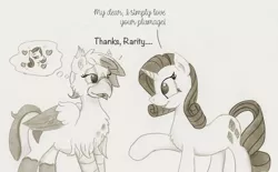 Size: 1288x800 | Tagged: safe, artist:foxxy-arts, derpibooru import, part of a set, rarity, oc, oc:foxxy hooves, hippogriff, pony, unicorn, blushing, canon x oc, chest fluff, crush, dialogue, duo, ear, female, floating heart, fluffy, heart, hippogriff oc, lesbian, lidded eyes, looking at each other, monochrome, part of a series, raised leg, simple background, smiling, thought bubble, traditional art, white background