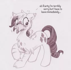 Size: 1000x982 | Tagged: safe, artist:foxxy-arts, derpibooru import, part of a set, rarity, oc, oc:foxxy hooves, hippogriff, pony, beak, blushing, character to character, chest fluff, dialogue, ear fluff, embarrassed, hippogriff oc, monochrome, open beak, open mouth, part of a series, raised hoof, simple background, solo, sweat, sweatdrops, traditional art, transformation, transformation sequence, twinning, white background