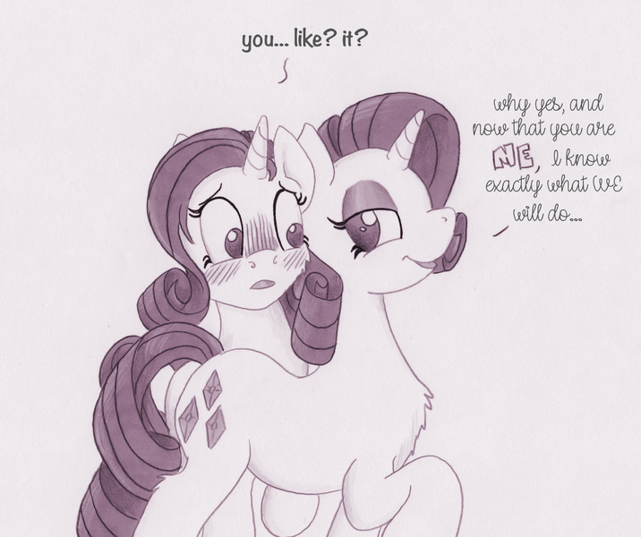 Size: 1074x900 | Tagged: safe, artist:foxxy-arts, derpibooru import, part of a set, rarity, oc, oc:foxxy hooves, pony, unicorn, bedroom eyes, blushing, character to character, chest fluff, dialogue, duality, duo, looking at each other, looking back, monochrome, open mouth, part of a series, personal space invasion, self ponidox, simple background, smiling, traditional art, transformation, transformation sequence, transformed, twinning, white background