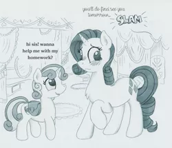 Size: 1163x1000 | Tagged: safe, artist:foxxy-arts, derpibooru import, part of a set, rarity, sweetie belle, oc, oc:foxxy hooves, pony, unicorn, bag, blushing, carousel boutique, character to character, chest fluff, dialogue, door slam, duo, monochrome, offscreen character, onomatopoeia, part of a series, raised hoof, saddle bag, smiling, sound effects, traditional art, transformed, twinning