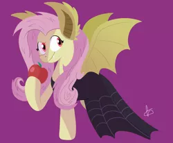 Size: 1148x947 | Tagged: safe, artist:bluemerald333, derpibooru import, fluttershy, pegasus, pony, apple, bat ears, bat pony costume, bat wings, black dress, clothes, costume, dress, fangs, female, flutterbat costume, food, halloween, halloween costume, holiday, hoof hold, looking at you, looking sideways, mare, purple background, raised hoof, red eyes, simple background, smiling, solo, standing, three quarter view, wings